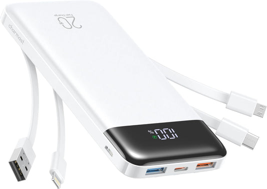 charmast 20000mAh Portable Charger with Built in Cables, 22.5W Travel Power Bank Fast Charging, USB C Cell Phone Battery Pack for iPhone 16/15/14/13/12/11 Series, iPad, Samsung, Android, Tablet