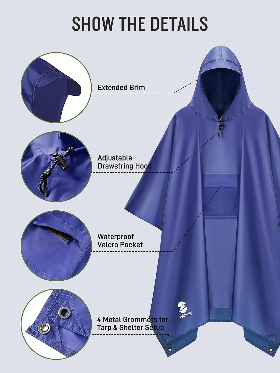 SaphiRose Extra Thick Hooded Rain Poncho Double Layer Waterproof Raincoat Jacket for Men Women Adults