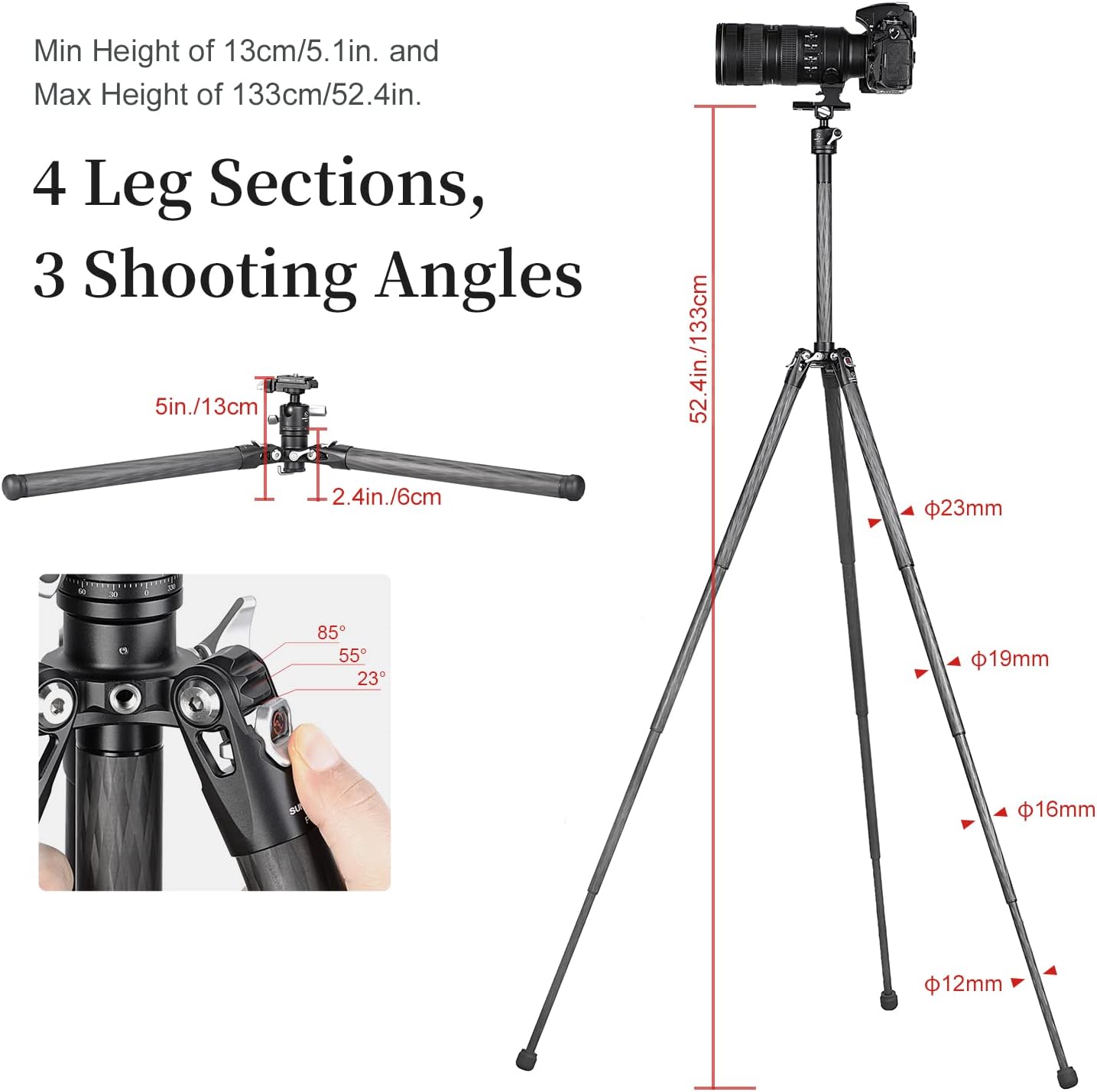 TT2340CE 4-Sections Carbon Fiber Travel Tripod for Ipad, Phone, DSLR Camera, Ideal for vlog Photography, Compact Travel Tripod Lightweight, Small and Short, with 25mm Ball Head