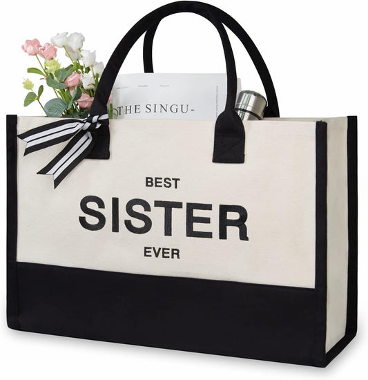 TOPDesign Embroidery Canvas Tote Bag for Women, Birthday Gifts for Big, Little Sister, Soul Sister, Friends Female, Best Friends, Personalized Present Bag, Ideal for Beach, Holiday