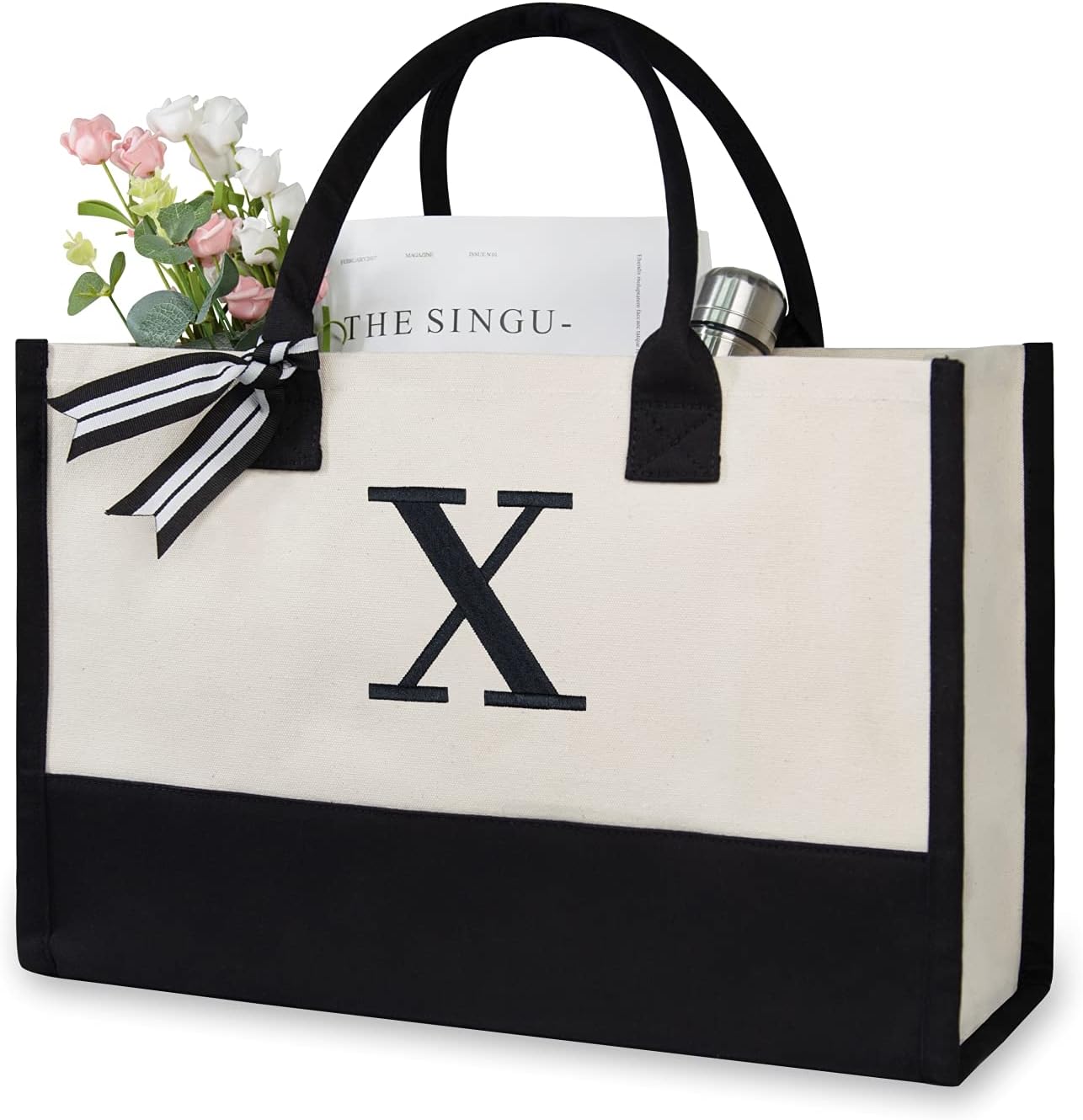 TOPDesign Embroidery Initial Canvas Tote Bag, Personalized Present Bag, Suitable for Wedding, Birthday, Beach, Holiday, is a Great Gift for Women, Mom, Teachers, Friends, Bridesmaids (Letter X)