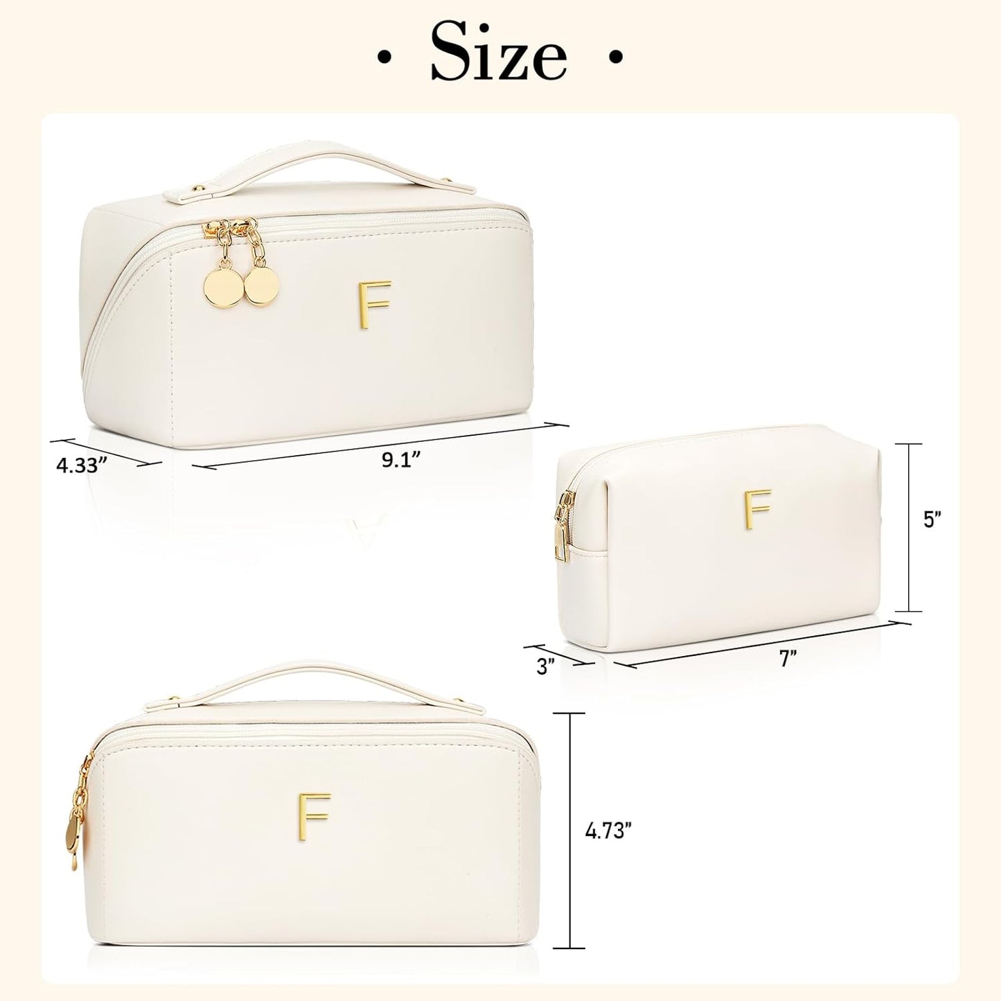 Birthday Gifts for Women Teen Girl, Personalized Initial Makeup Organizer Bag Set, Open Flat Travel Cosmetic Bag With Clear Divider and Handle(Beige,F)