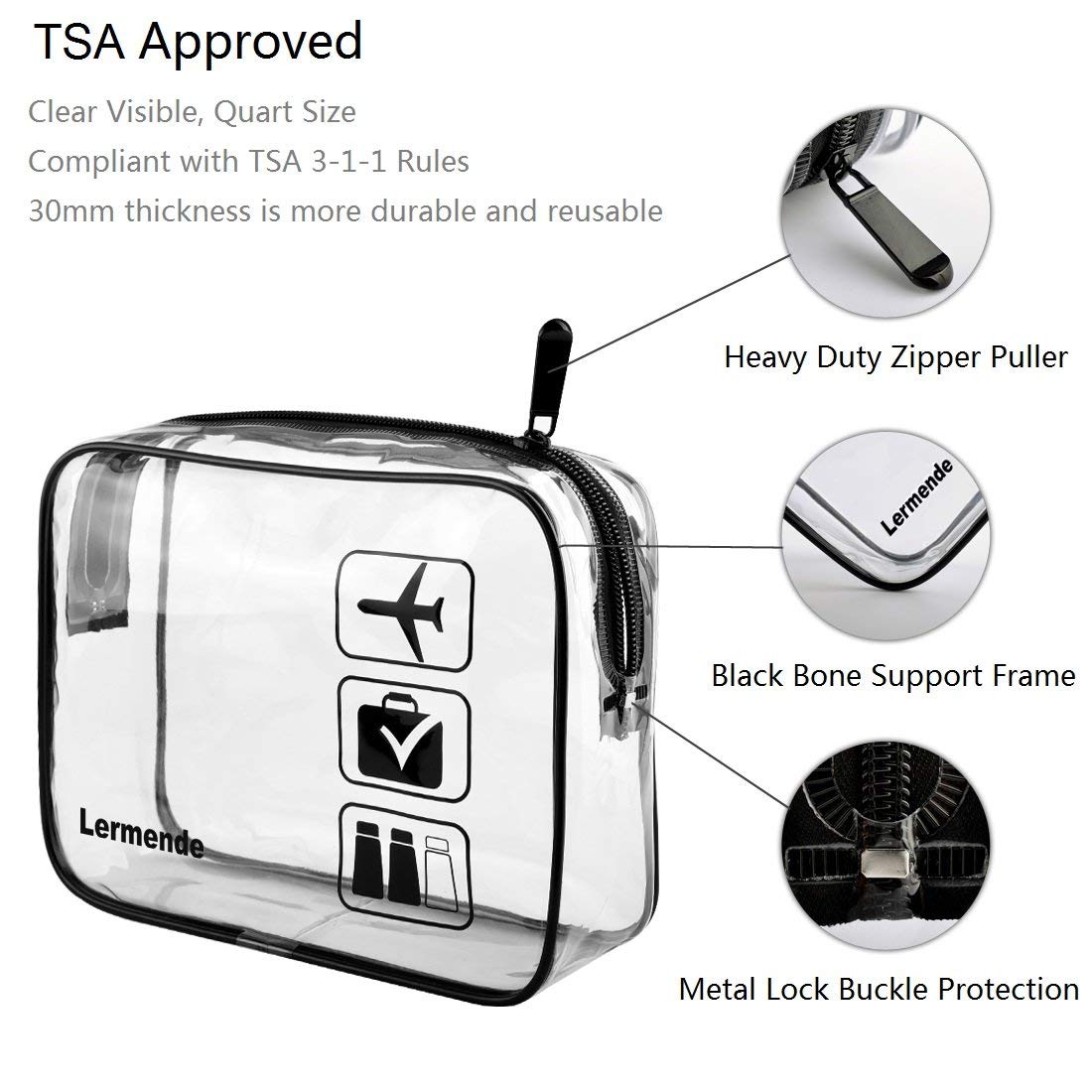 Lermende 2pcs Clear Toiletry Bag TSA Approved Travel Bag,Carry On for Travel,Airport Airline Accessories Compliant Bag,Quart Sized Makeup Cosmetic bag Women Men (Black Gray, 2 Pack)