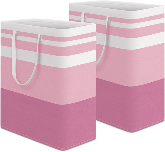 HomeHacks 2 Pack Large Laundry Baskets, Waterproof, Freestanding Laundry Hampers, Collapsible Clothes Hamper with Reinforced Handles in Laundry, College Dorm, Bathroom, Bedroom (Pink, 125Lx2)