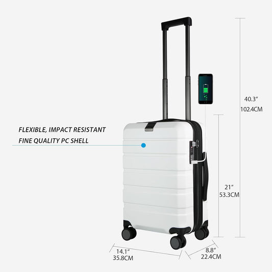 KROSER Hardside Expandable Carry On Luggage with Spinner Wheels & Built-in TSA Lock, Durable Suitcase Rolling Luggage with USB Port, Carry-On 20-Inch, White