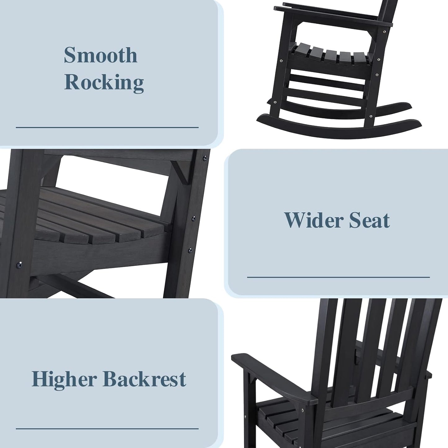 Psilvam Oversized Outdoor Rocking Chair Set of 2, Porch Rocker with 21" Wide Seat and 32" Tall Backrest, Pre-Assembled with Most Components for Effortless Installation (Carbon Black)