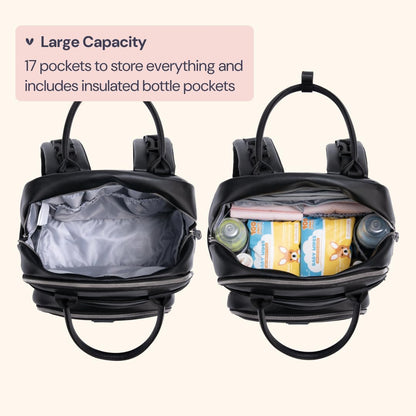 BabbleRoo Leather Diaper Bag Backpack - Baby Essentials Travel Baby Bag, Multi function, with Changing Pad, Stroller Straps & Pacifier Case – Unisex, Black