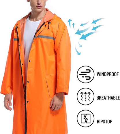 Mens Long Hooded Safety Rain Jacket Waterproof Emergency Raincoat Poncho