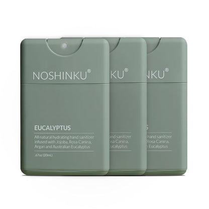 Noshinku - Refillable Hand Sanitizer Eucalyptus 3-Pack, Travel Size Spray with Hydrating Botanical Oils, Natural Ingredients, All Natural Fragrances, Sugarcane Derived Alcohol, No Parabens, No Dyes