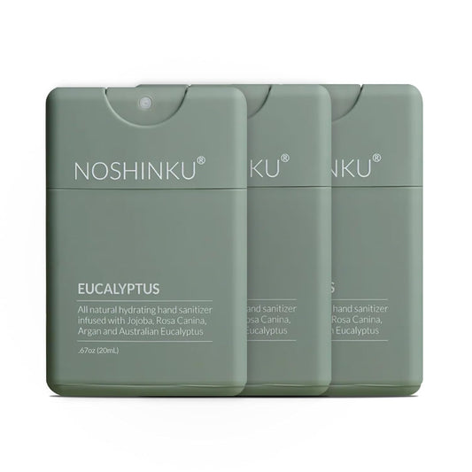 Noshinku - Refillable Hand Sanitizer Eucalyptus 3-Pack, Travel Size Spray with Hydrating Botanical Oils, Natural Ingredients, All Natural Fragrances, Sugarcane Derived Alcohol, No Parabens, No Dyes