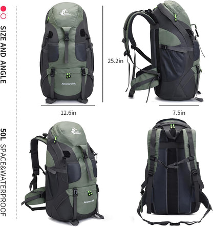 Bseash 50L Hiking Backpack, Water Resistant Lightweight Outdoor Sport Daypack Travel Bag for Camping Climbing Skiing Cycling (Army Green - With Shoe Compartment)