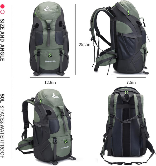 Bseash 50L Hiking Backpack, Water Resistant Lightweight Outdoor Sport Daypack Travel Bag for Camping Climbing Skiing Cycling (Army Green - With Shoe Compartment)