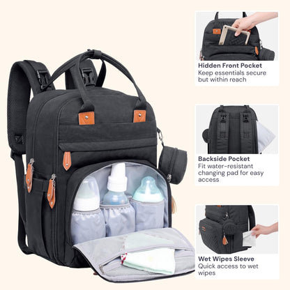 BabbleRoo Diaper Bag Backpack - Baby Essentials Travel Tote - Multi Function Water Resistant Diaper Bag, Travel Essentials Baby Bag with Changing Pad, Stroller Straps & Pacifier Case - Unisex, Black