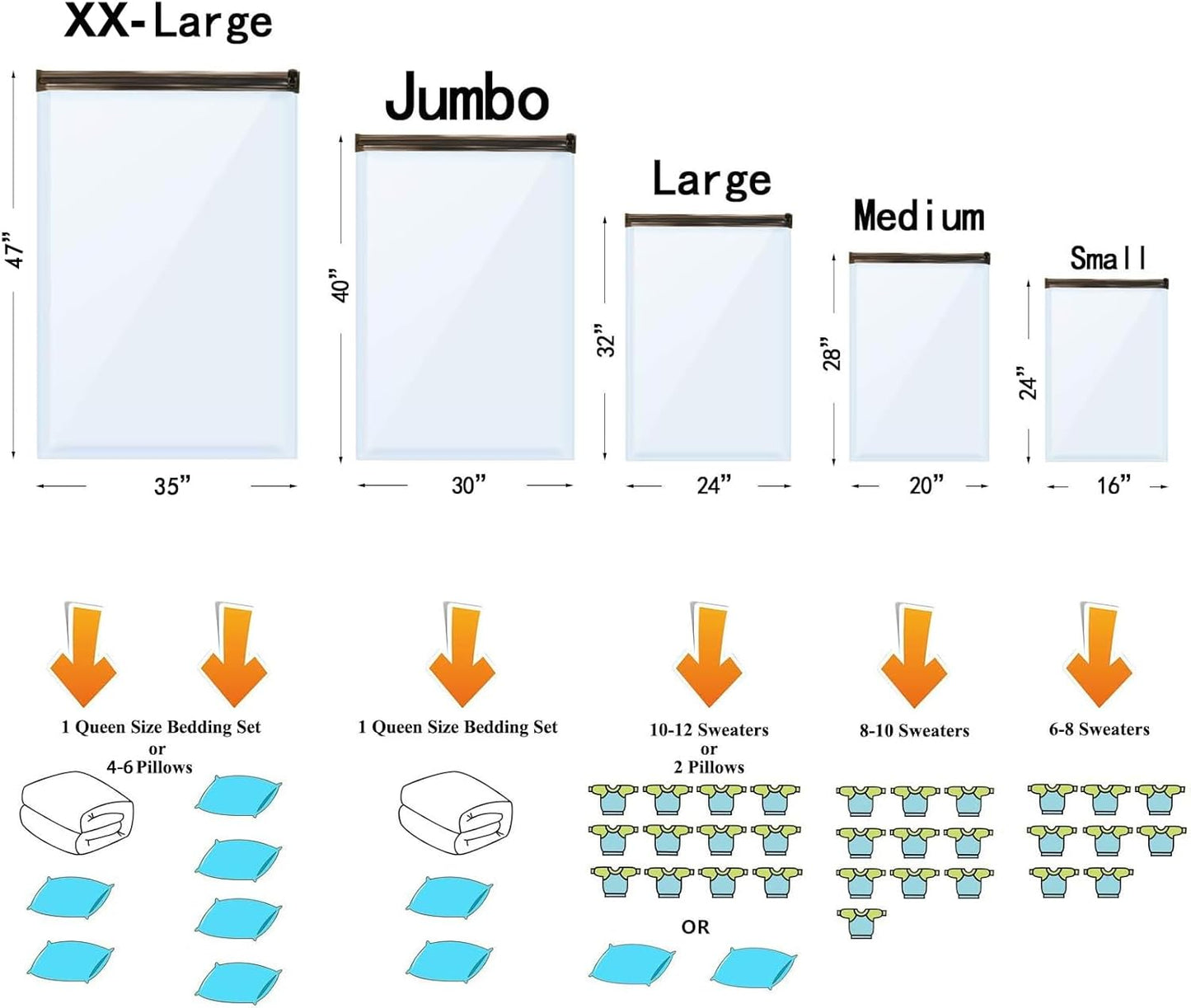 Vacuum Storage Bags Jumbo (12 x Jumbo),Plastic Packaging Bags,Space Saver Sealer Compression Bags for Blankets, Comforters, Pillows, Bedding,Clothes Storage