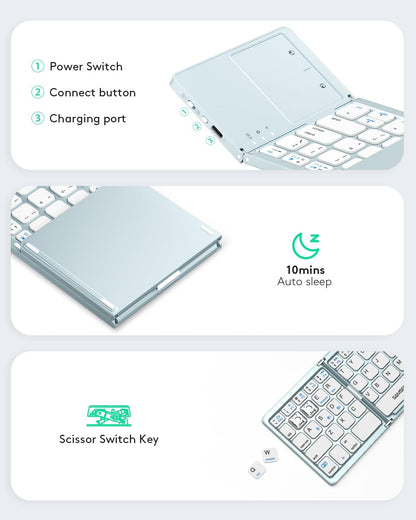 Samsers Multi-Device Foldable Bluetooth Keyboard with Touchpad, Rechargeable Dual-Mode(2.4G+BTx2) Wireless Keyboard with Holder, Portable Folding Keyboards for Android Windows iOS Mac OS - Blue