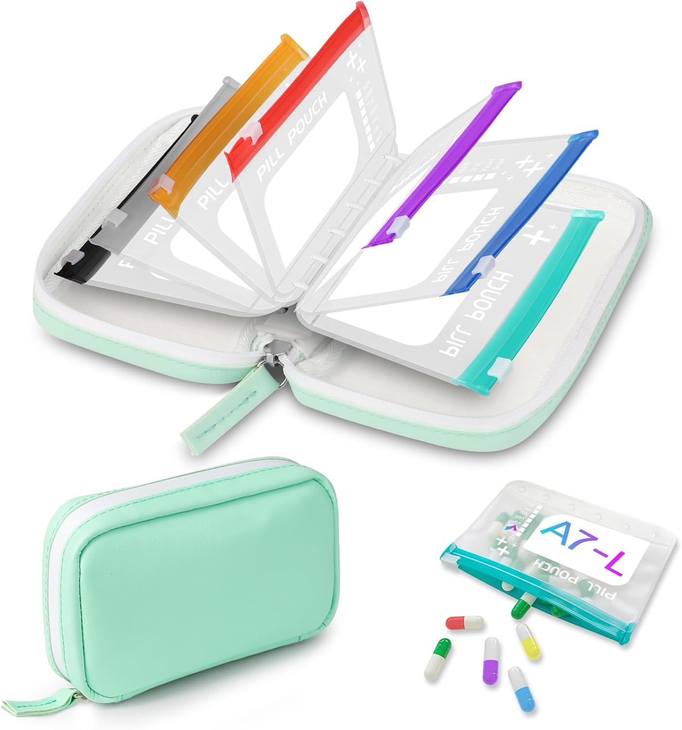 A7-L Water-Proof Pill Pouch Set， Large Pill Organizer, BPA Free, A7-L Pill Loose-Leaf Storage with Color-Coded Medicine Pouches, Reusable Travel Medicine Organizer， Zippered Pill Organizers Weekly