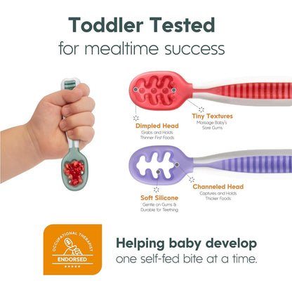 NumNum Baby Spoons Set, Baby Essentials Pre-Spoon GOOtensils for 6+ Months, First Stage Self-Feeding Spoons for Baby Led Weaning (BLW), Silicone Toddler Utensils, BPA-Free, 2 Pack Blue/Orange