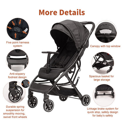COOL KIDS Portable Stroller with Automatic Fold，Lightweight Umbrella Stroller with Pop Out Sun Canopy，Compact Strollers for Travel(Black)