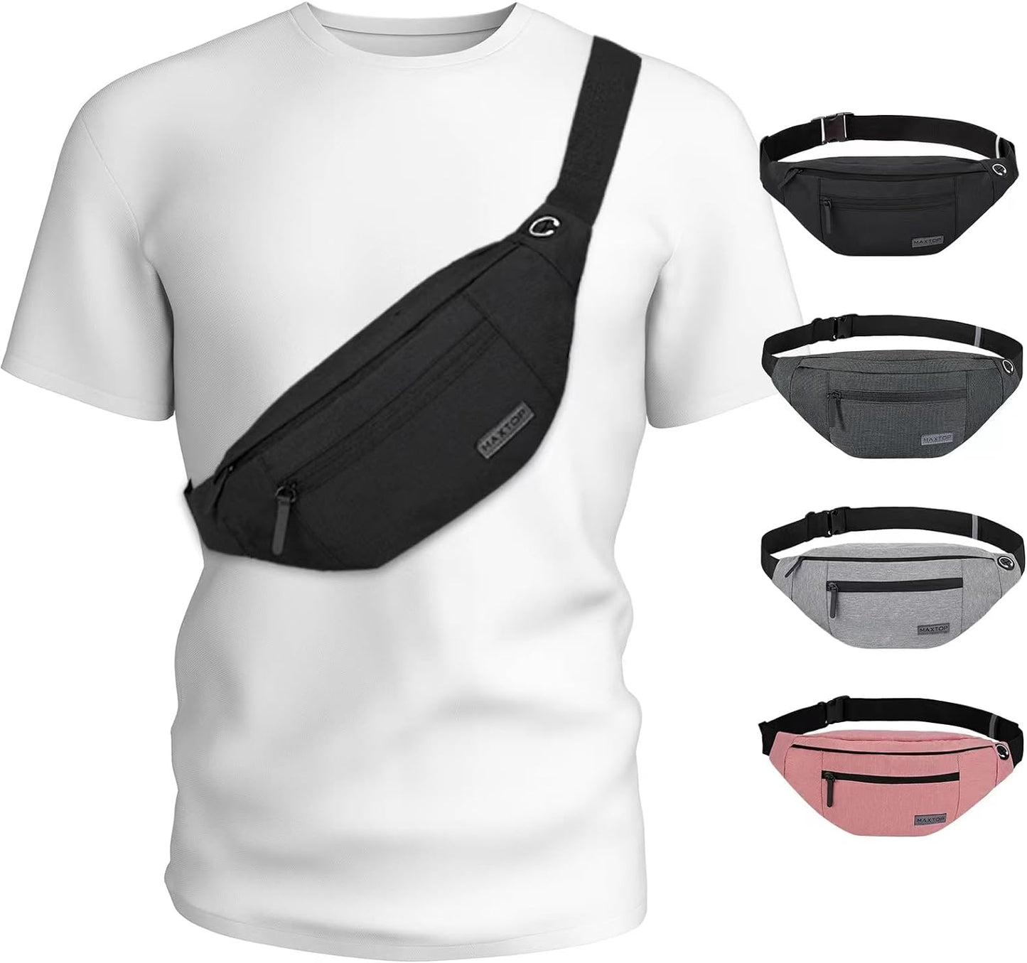 MAXTOP Large Crossbody Fanny Pack with 4-Zipper Pockets,Gifts for Enjoy Sports Festival Workout Traveling Running Casual Hands-Free Wallets Waist Pack Phone Bag Carrying All Phones