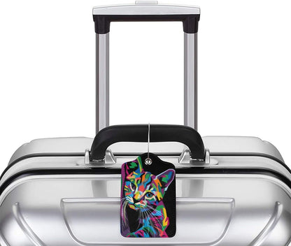 2-Pack Artistic Cat Luggage Tags for Suitcases, Leather Art Style Colorful Animal Baggage Tag with Loop, Funny Cool Name ID Card Cover Travel Bag Labels Set for Women Men Boys Girls Kids