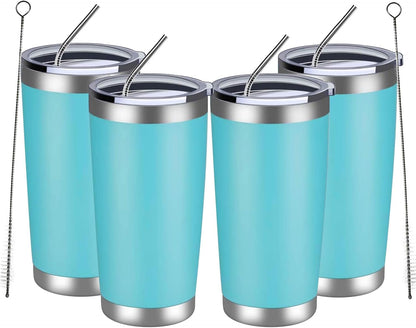 MEWAY 20oz Tumbler 4 Pack Double Wall Vacuum Insulated Travel Mug Bulk, Stainless Steel Tumblers with Lid and Straw, Durable Powder Coated Coffee Cups for Cold & Hot Drinks (Light Blue, 4)