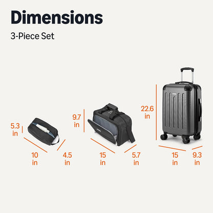 Amazon Basics 3-Piece Luggage Set, Including Carry-On Luggage (22" Expandable Hardside Suitcase With 8 Spinner Wheels), 15" Tote Bag, and 10" Compact Travel Bag, Black