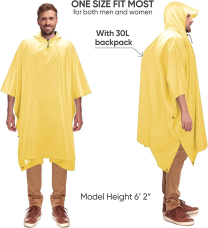 PTEROMY Hooded Rain Poncho for Adult with Pocket, Waterproof Lightweight Unisex Raincoat for Hiking Camping Emergency