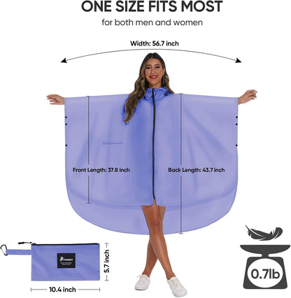 PTEROMY Hooded Rain Poncho for Adult with Pocket and Zipper, Waterproof Lightweight Raincoat for Men and Women