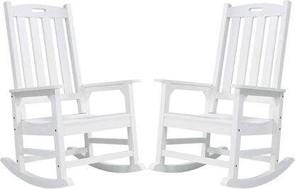 Psilvam Oversized Outdoor Rocking Chair Set of 2, Porch Rocker with 21" Wide Seat and 32" Tall Backrest, Pre-Assembled with Most Components for Effortless Installation (White)