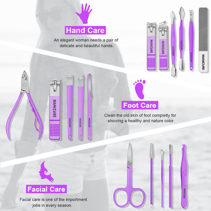 Manicure Set Professional Nail Clippers Pedicure Kit, 16 pcs Stainless Steel Nail Care Tools Grooming Kit with Luxurious Travel Leather Case for Thick Nails Men Women Gift (Violet)