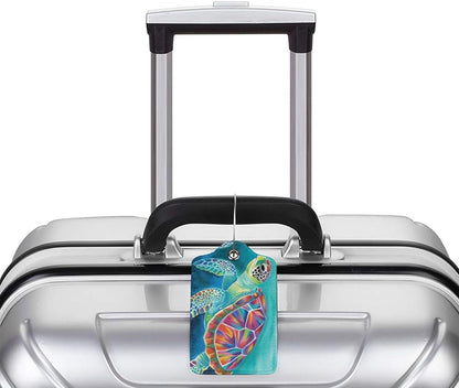 Sea Turtle Leather Luggage Tag with Stainless Steel Ring, Fun Name Id Card Cover Travel Bag Tag Set, Suitable for Travel Bag Luggage Women Men 4 PCS