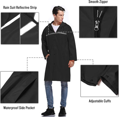 Mens Long Hooded Safety Rain Jacket Waterproof Emergency Raincoat Poncho
