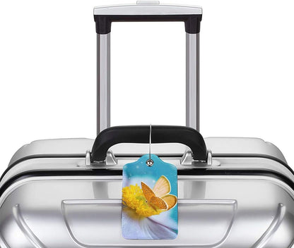 2 Pack Beautiful Sky Blue Luggage Tags for Suitcases, Pretty Yellow Butterfly on White Flower Pattern Unique Leather Suitcase Tags Identifiers with Privacy Name Address Labels for Women Girls Travel