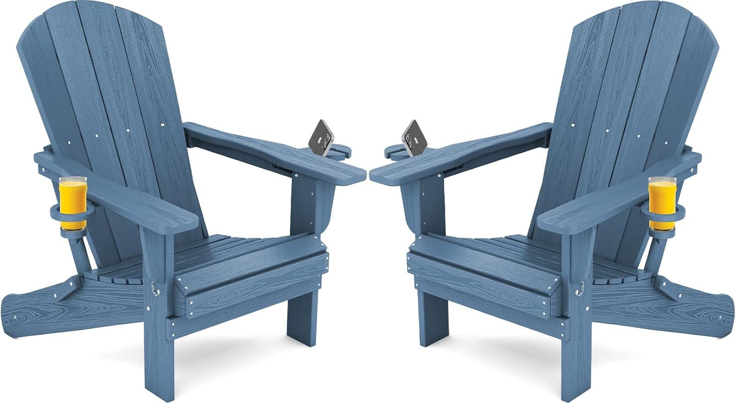 SERWALL Folding Adirondack Chair, HDPE Adirondack Chairs Set of 2, Plastic Outdoor Chairs- Looks Exactly Like Real Wood- Navy