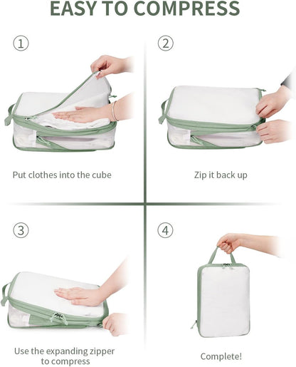 ECOHUB 6 Set Compression Packing Cubes, Lightweight Vacation Travel Essentials, Durable Travel Accessories for Suitcase Carry On Luggage Organizer Bags Set with YKK Zippers Shoe Bag, Green