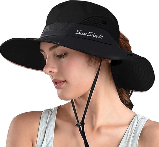 ZOORON Women's Ponytail Safari Sun Hat,Wide Brim UV Protection Outdoor Bucket Hat,Foldable Beach Summer Fishing Hat