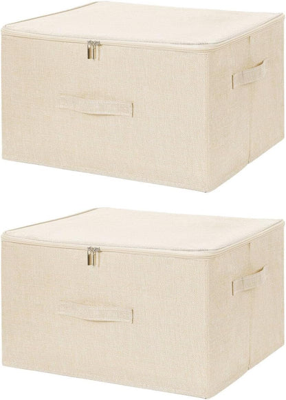 ANMINY 2PCS Storage Bins with Zipper Lids 36 Qt Lidded Fabric Storage Boxes Baskets Cubes with Handles Collapsible Washable Cotton Linen Closet Shelf Clothes Organizer Containers - Beige, Large