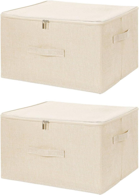 ANMINY 2PCS Storage Bins with Zipper Lids 36 Qt Lidded Fabric Storage Boxes Baskets Cubes with Handles Collapsible Washable Cotton Linen Closet Shelf Clothes Organizer Containers - Beige, Large