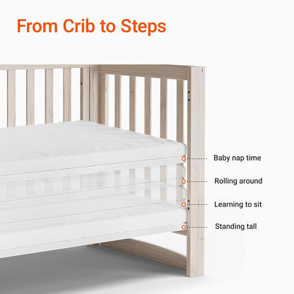 EvoNest Baby Crib, 6 in 1 Convertible Mini Crib with Wheels, 100% New Zealand Wood Growing Bed, 4 Adjustable Mattress Height， Washed Natural