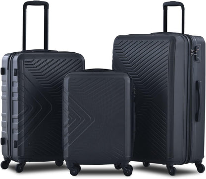 Campfun 3 Piece Luggage Sets, Hardshell ABS Luggage with TSA Lock, Carry On Suitcase Sets Lightweight Durable with 2 Hooks & Spinner Wheels, 20in/24in/28in - Black(C)
