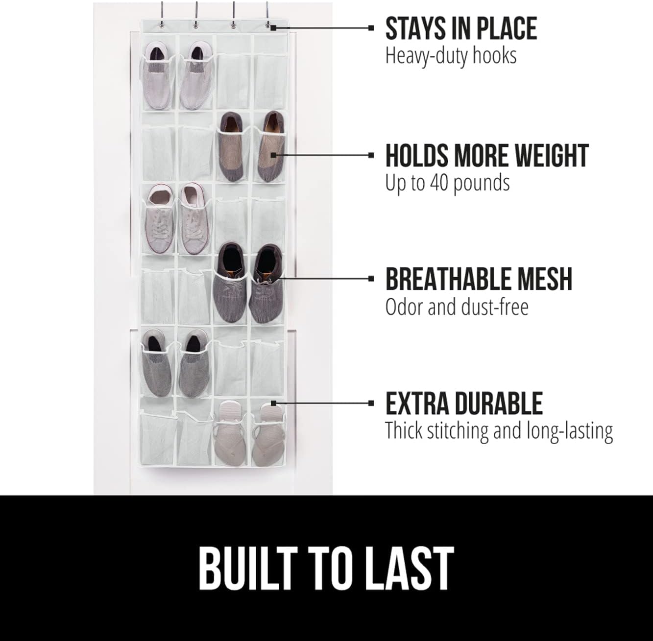 GORILLA GRIP Over the Door Shoe Organizer, 24 Large Breathable Mesh Pockets, Space Saving Hanging Storage Holder, Closet Rack Hanger Holds Up to 40 lbs, Hangs on Closets for Shoes, Accessories, White