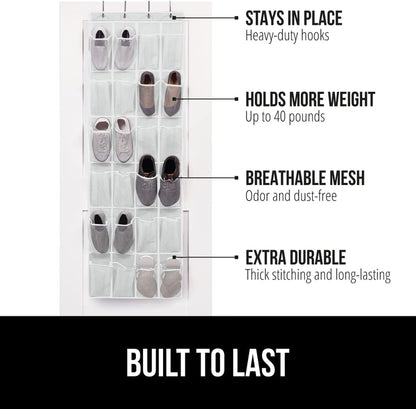 GORILLA GRIP Over the Door Shoe Organizer, 24 Large Breathable Mesh Pockets, Space Saving Hanging Storage Holder, Closet Rack Hanger Holds Up to 40 lbs, Hangs on Closets for Shoes, Accessories, White