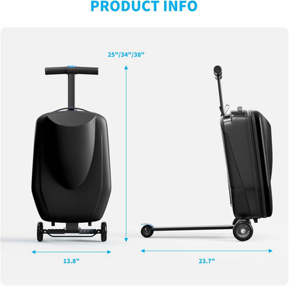 Scooter Hardshell Kids' Luggage, Foldable Carry on Kids Suitcase with Telescopic Handle for Travel, Multifunctional Ride On Lightweight Luggage with Wheels, Light Black
