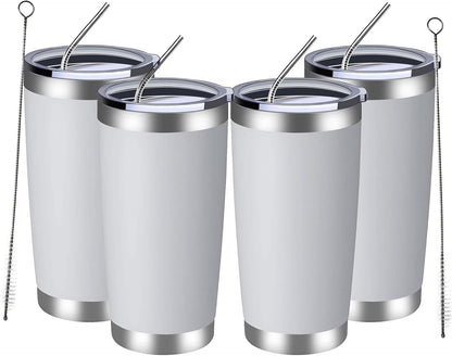 MEWAY 20oz Tumbler 4 Pack Double Wall Vacuum Insulated Travel Mug Bulk, Stainless Steel Tumblers with Lid and Straw, Durable Powder Coated Coffee Cups for Cold & Hot Drinks (White, 4)