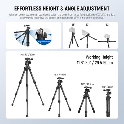 NEEWER TP09 Carbon Fiber Mini Tripod Compatible with iPhone, 20" Lightweight Compact Travel Desktop Tripod Stand with Ball Head, Phone Holder, Remote for Phone DSLR Camera Video Camcorder Webcam