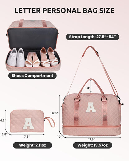 Initial Duffle Travel Bag, Personalized Weekender Bag with Shoulder Strap, Monogram Overnight Bag for Women Wet Pocket, Letter Travel Bag with Makeup Bag Gifts for family (Letter Z), Pink