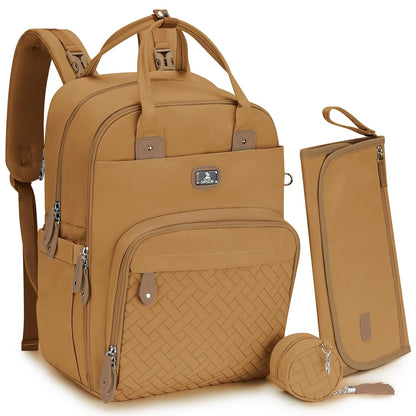 Dikaslon Diaper Bag Backpack with Portable Changing Pad, Pacifier Case and Stroller Straps, Large Unisex Baby Bags for Boys Girls, Multipurpose Travel Back Pack for Moms Dads, Tan