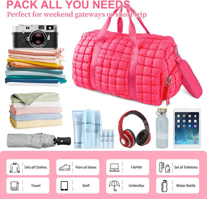 Quilted Travel Duffle Bag Gym Bag for Women,Large Puffer Duffle Weekender Bag with Compartment,Workout Overnight Carry on Organizer Bag Duffle Bag for Airplane Travel(L-Rosered)