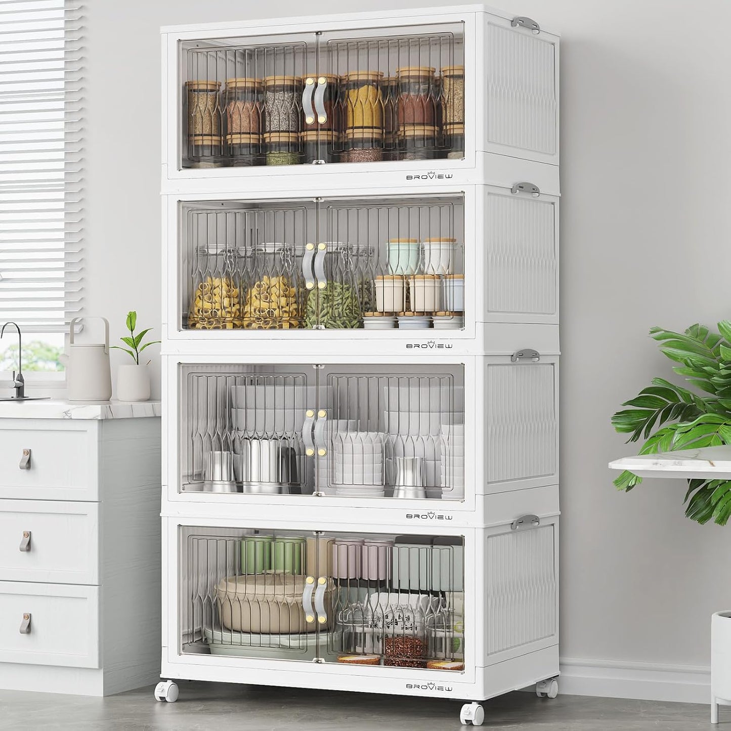 BROVIEW 400Qt Stackable Storage Bins with Lid, Extra Large Closet Organizer Collapsible Drawer Boxes with Wheels, Folding Plastic Cabinet Containers for Home Kitchen Room Organization, 4Pack White