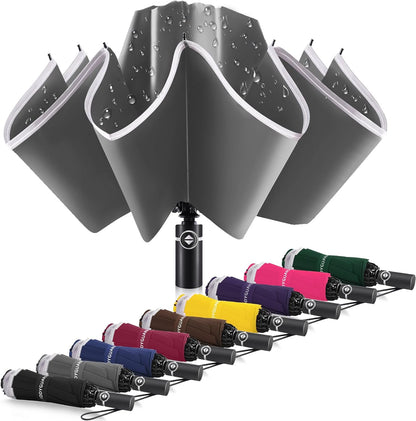 Bodyguard Inverted Umbrella - Large Windproof for Rain & Sun, Compact Reverse With Reflective Stripe, Teflon-Coated for Women Men, Travel Folding With Cover Bag
